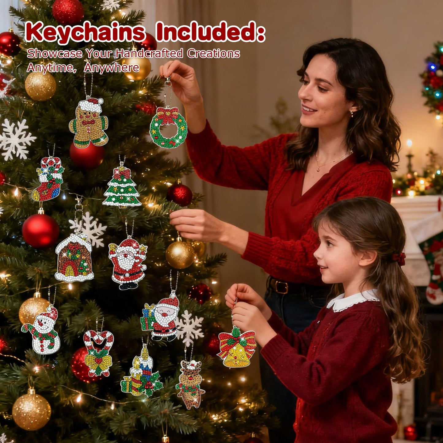 NewFamily 12 PCS 5D Winter Diamond Art Ornaments Kits for Adults, DIY Gem Art Kit with Keychains, Begginer Diamond Painting Crafts for Holiday Decorations