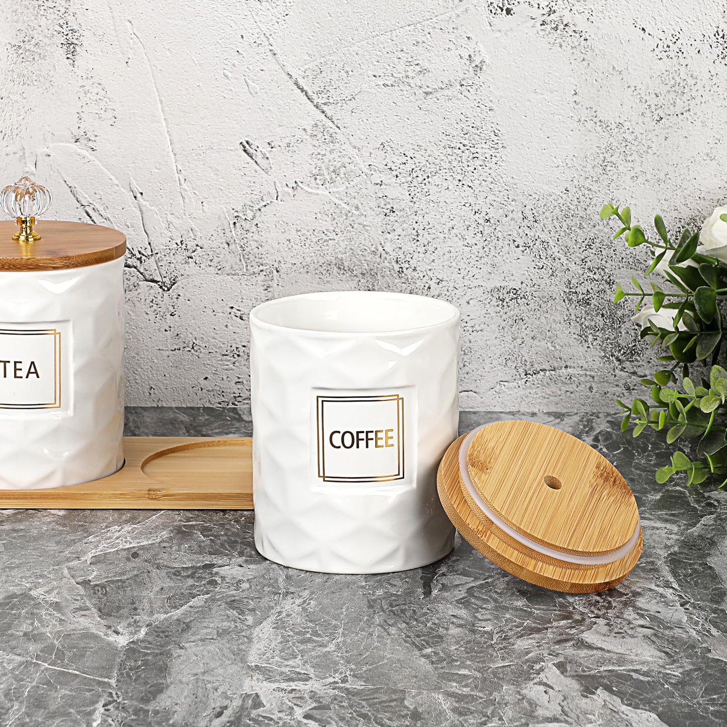 JUXYES Set of 3 Ceramic Canisters Set for Sugar Coffee Tea With Handle Tray, Luxurious Storage Containers Sets with Lids Decorative Storage Pots White Ceramic Storage Jar for Kitchen Dining Counter