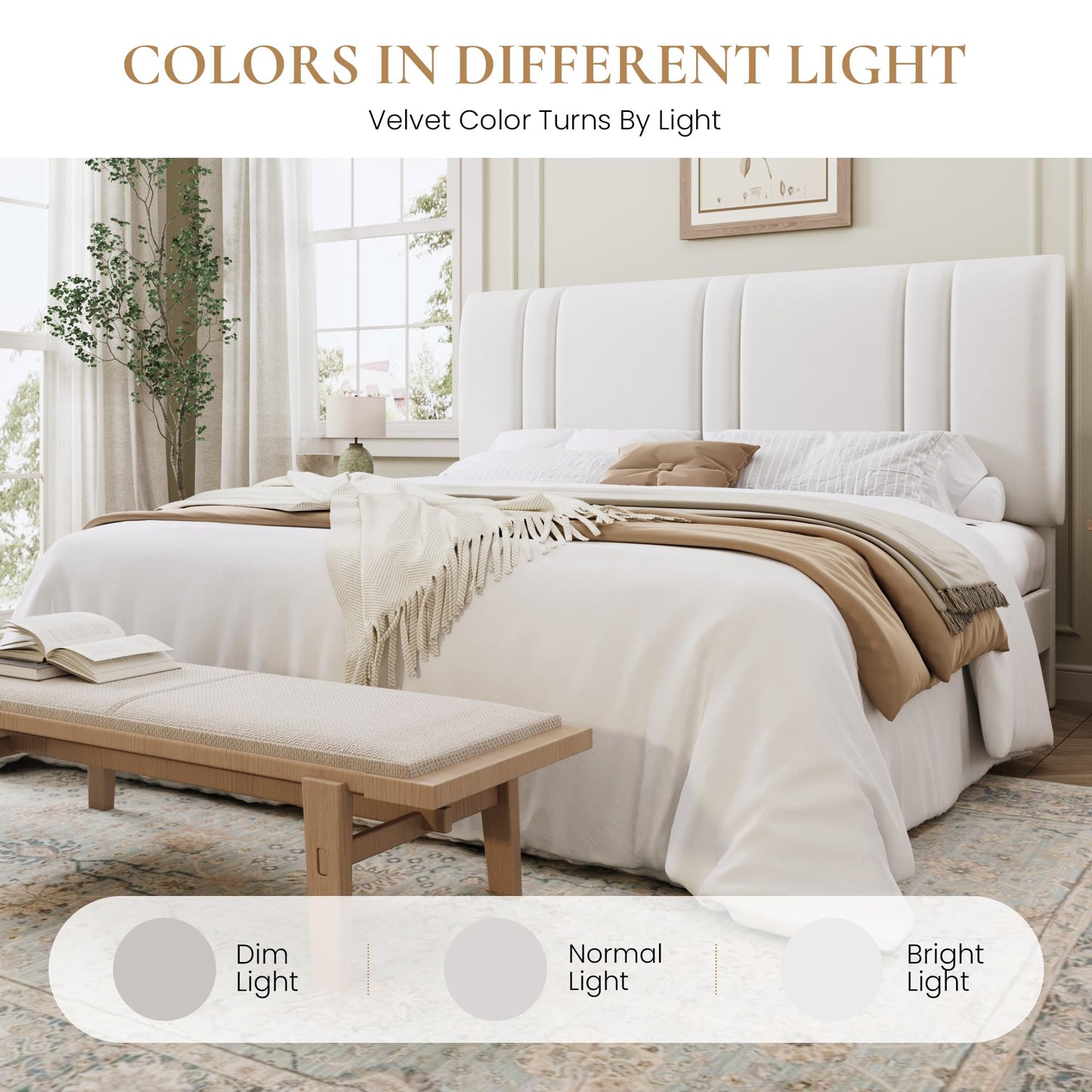 SHA CERLIN King Size Platform Bed Frame, Velvet Upholstered Bed with Adjustable Headboard, Vertical Channel Tufted Design, Sturdy Wood Slat Support, No Box Spring Needed, Easy Assembly, White