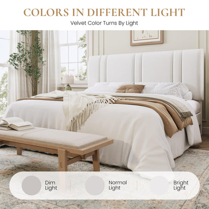 SHA CERLIN King Size Platform Bed Frame, Velvet Upholstered Bed with Adjustable Headboard, Vertical Channel Tufted Design, Sturdy Wood Slat Support, No Box Spring Needed, Easy Assembly, White