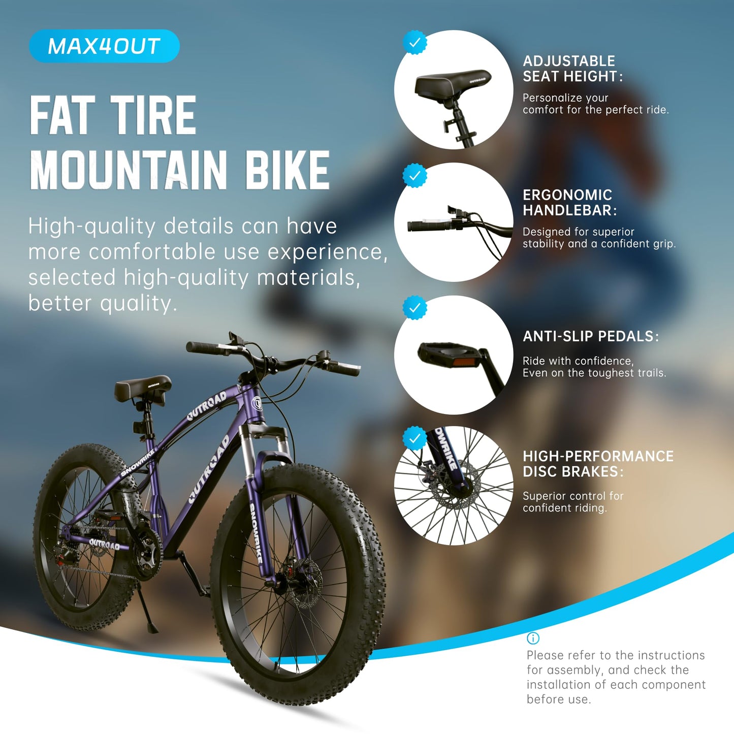 MarKnig 26 inch Fat Tire Mountain Bike with 4 inch Knobby Tires, 21 Speed MTB with Dual Disc Brake, Anti-Slip Fat Bike with Front Suspension, High Carbon Steel Frame, Men and Women (Blue-Purple)