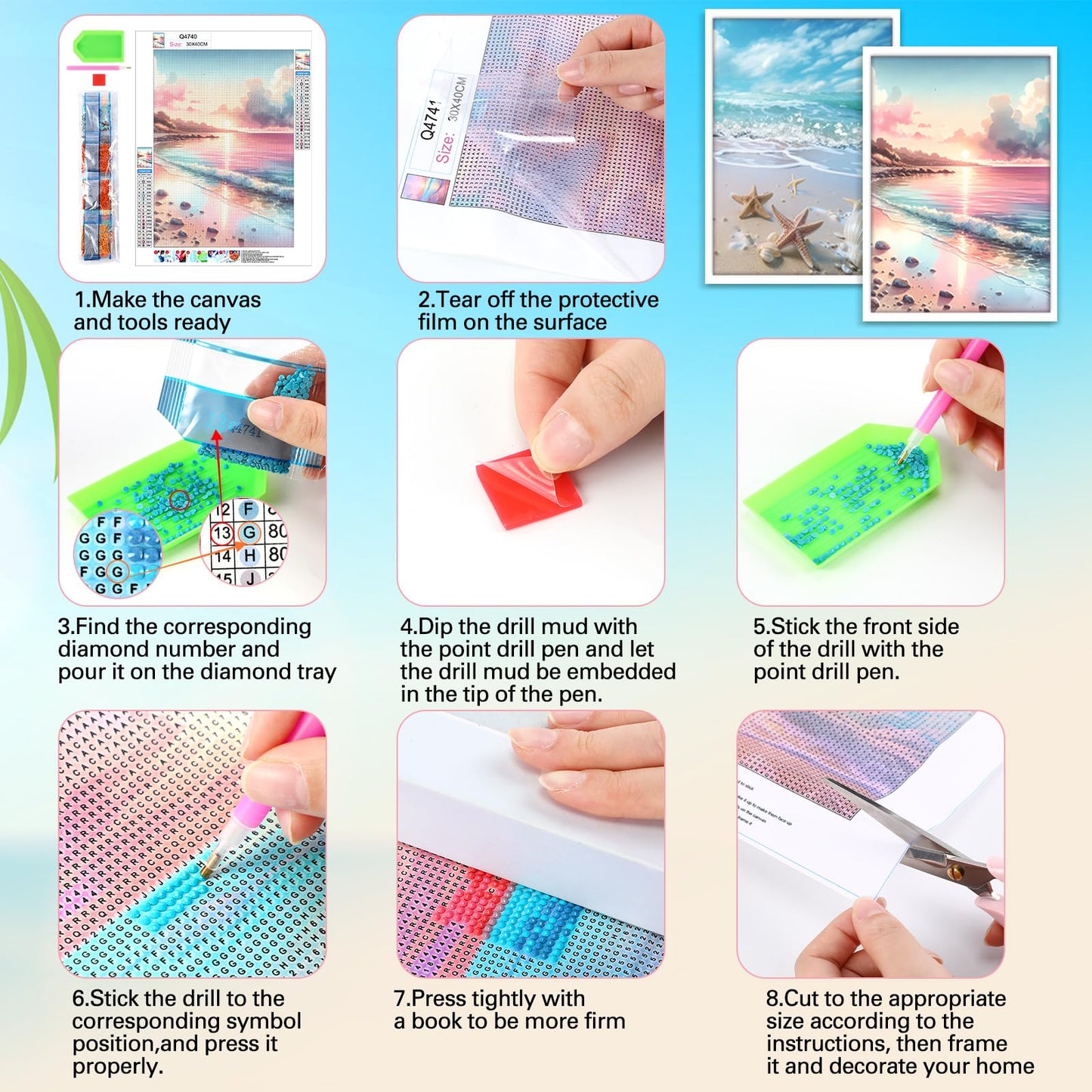 Frienda 6 Pcs Diamond Painting Kits 12 x 16 Inch DIY 5D Abstract Landscapes Diamond Art Full Round Drill Crafts for Adults Youth Beginners Numbers for Home Wall Decor Gifts (Pink Ocean)