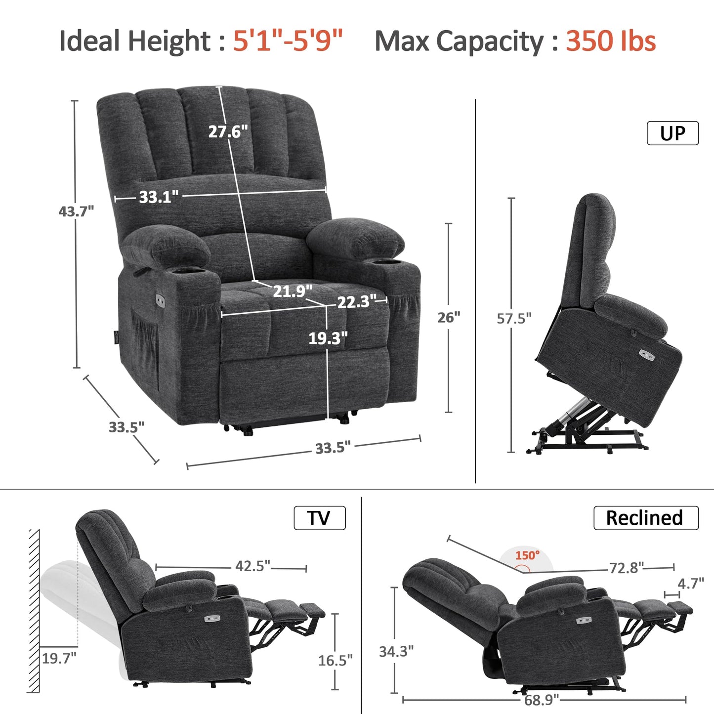 MCombo Power Lift Recliner Chair for Elderly, Lift Chair with Heat and Massage, USB &Type C Ports, Cup Holders, Fabric 7095 (Medium, Dark Grey)