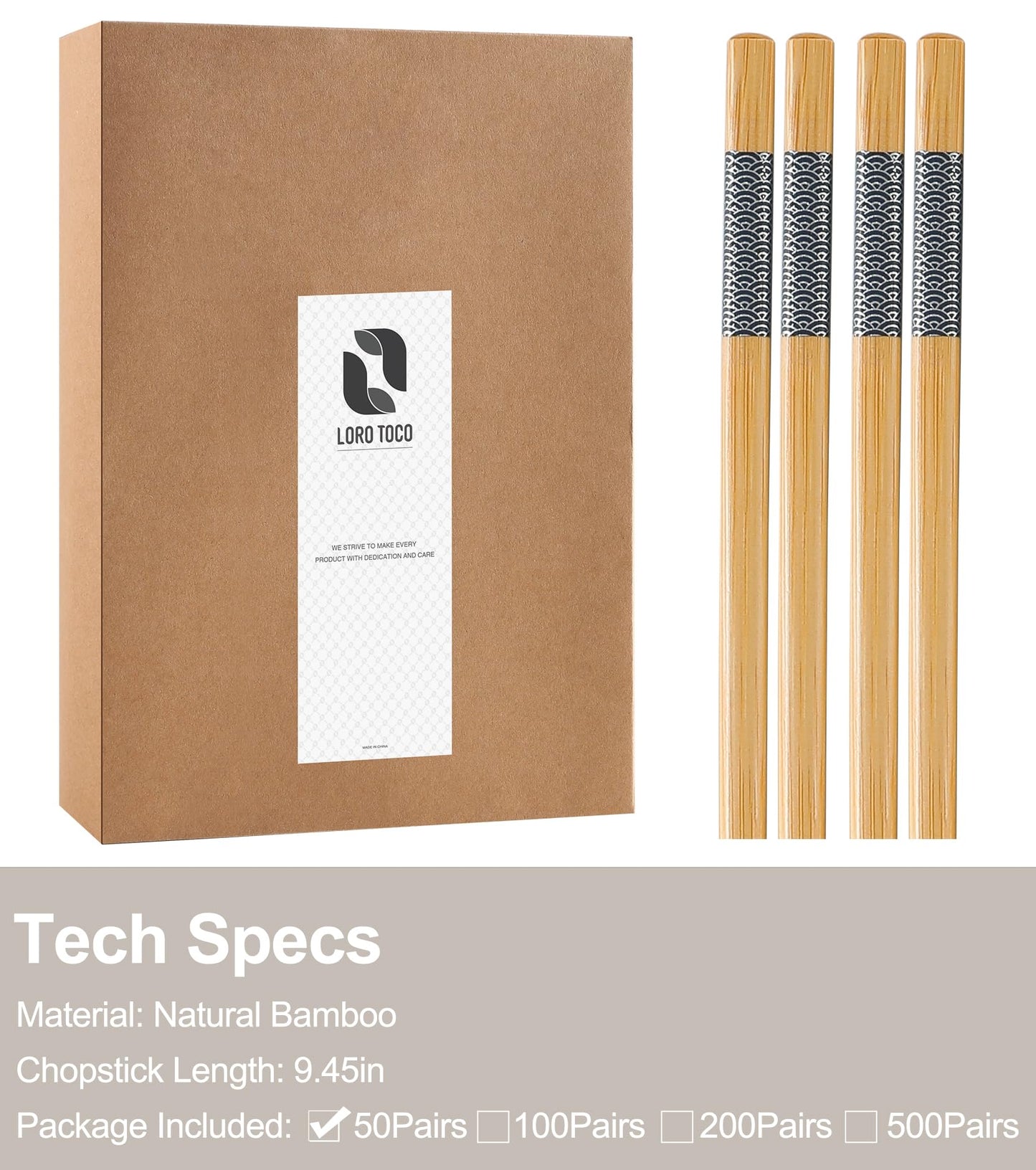 LOROTOCO 50 Pairs Bamboo Chopsticks Disposable | Separated | Reusable | Dishwasher Safe- （9.45in）