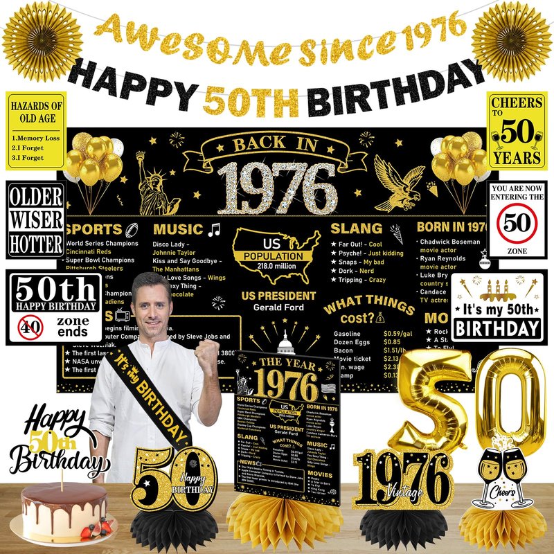 Turypaty 1976 50th Birthday Decorations for Men Women, Black Gold Happy 50 Years Old Birthday Banner Backdrop Wall Sign Balloons Sash Table Cake Topper Honeycomb Centerpieces Paper Fans Party Supplies