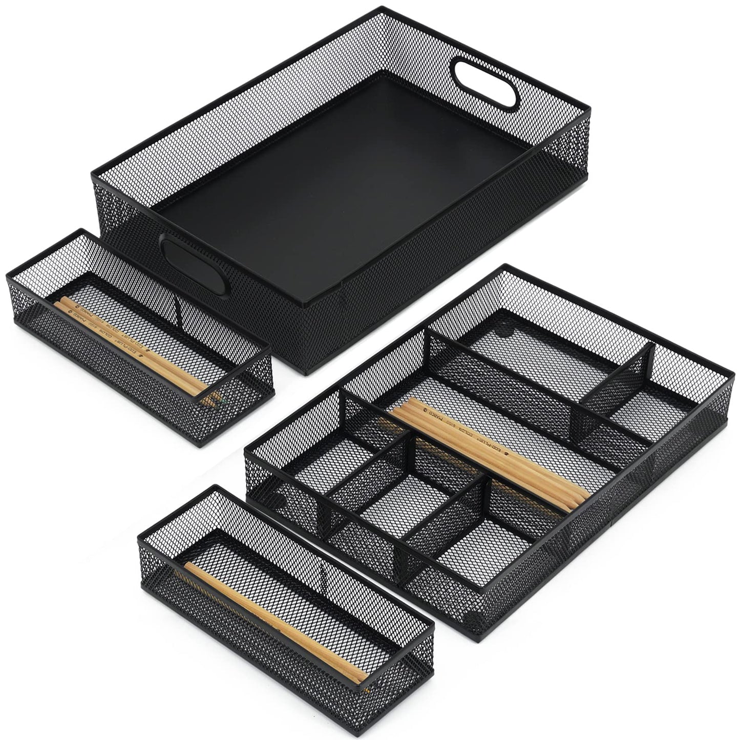 Neudeco Desk Drawer Organizer, 4 Pack Metal Mesh Drawer Organizer Set with Adjustable Dividers, Stackable Pen Organizer for Desk Drawer, Office Supplies Organizer, Black
