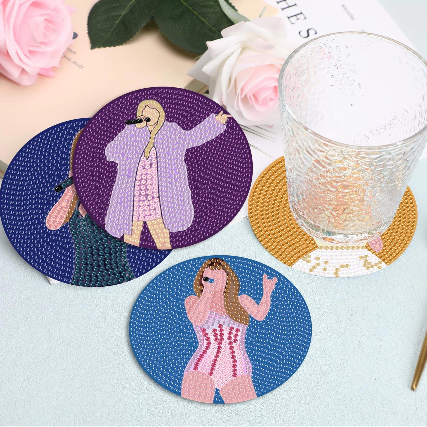 Clendo Pop Star Diamond Painting Coasters Kits for Adults, 8PCS Pop Diamond Art Coaster Kits with Holder, Small Diamond Painting Kits for Adults & Kids Art Craft Supplies, Bdwy041