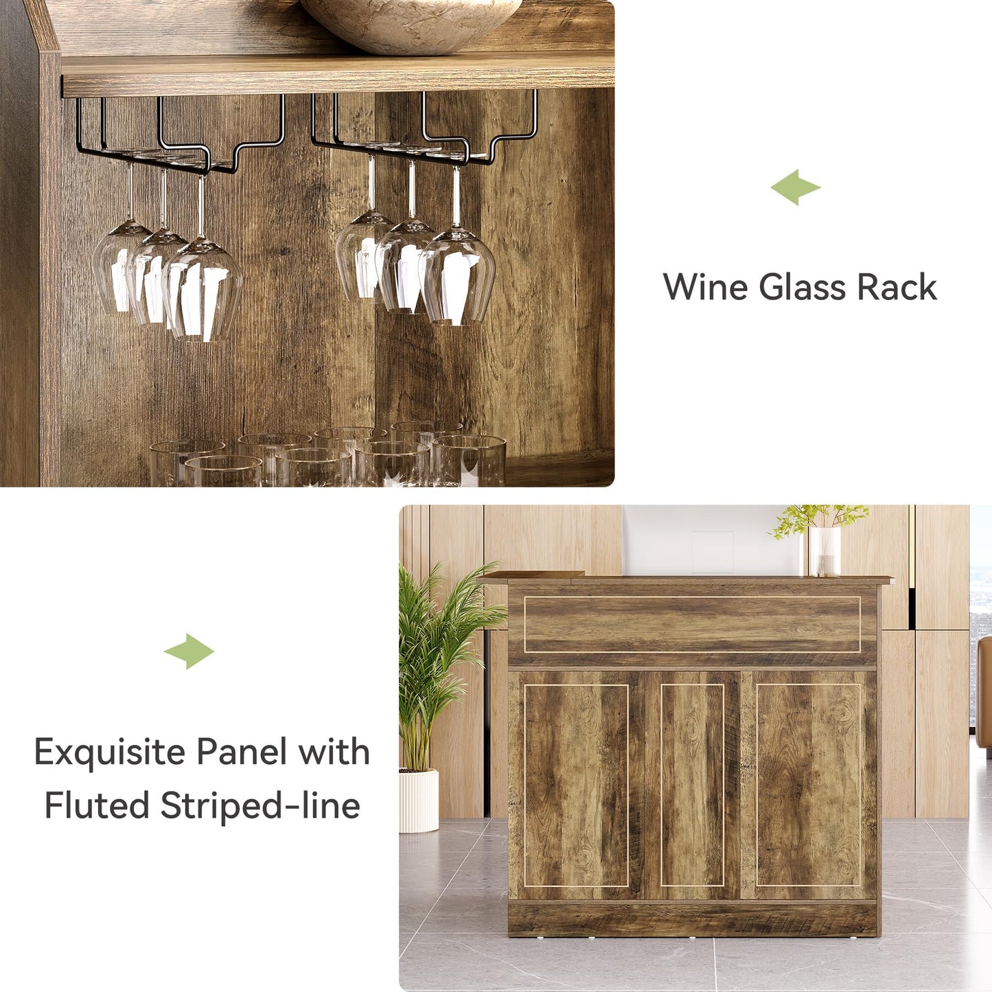 LITTLE TREE Home Bar Cabinet, 4-Tier Mini Bar Cabinet with Stemware Rack, Freestanding Wooden Bar Cabinet, L-Shaped Liquor Table Cabinet for Living Room, Dining Room, Rustic Brown