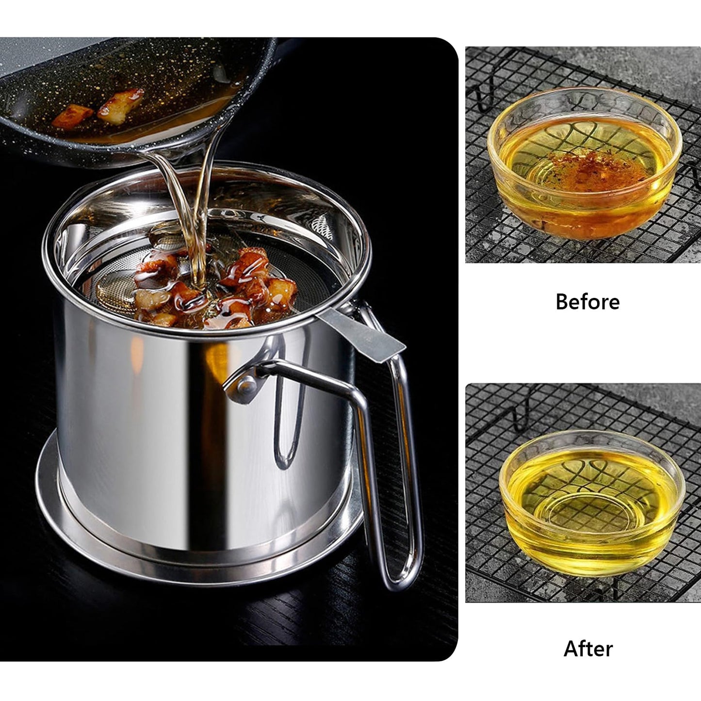 Zalaxt Bacon Grease Container With Strainer, 2.1L Grease Strainer and Container with Dust-Proof Lid, 304 Stainless Steel Oil Filter Storage with Fine Mesh 2.1L