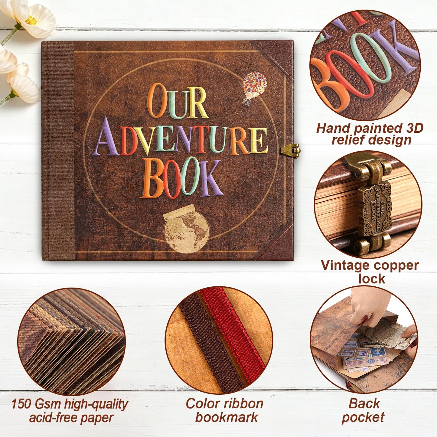 Our Adventure Book 8.9 x 7.9 Inch 80 Pages Scrapbook Photo Album with Scrapbooking Supplies, 3D Retro Embossed Letter Leather Hard Cover Movie Up Travel Journal Memory Book For Couples，Christmas gifts