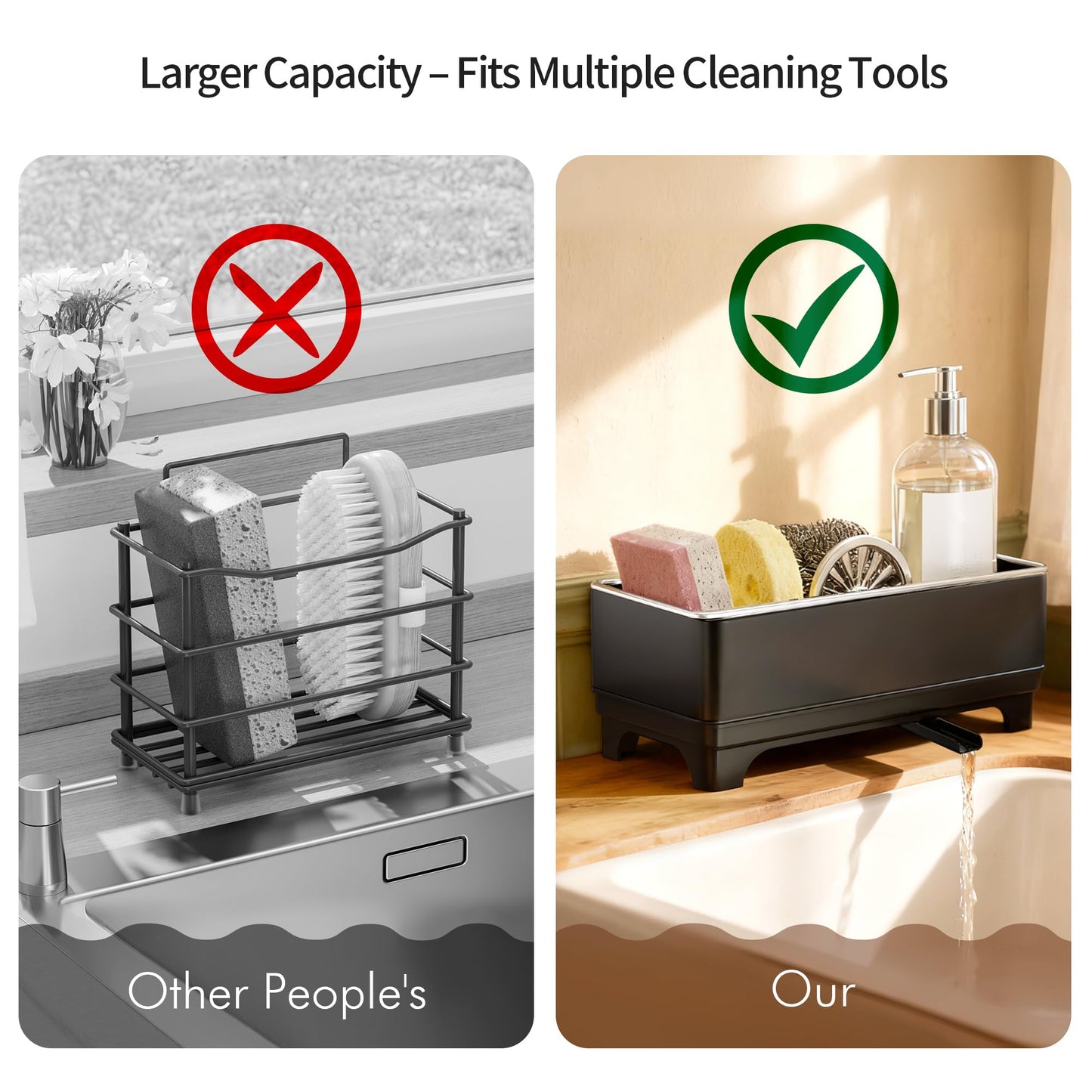 MOUKABAL Sponge Holder for Kitchen Sink – Rustproof Stainless Steel, 360° Rotating Drain Pipe, Large Counter Organizer with Drip Tray for Sponges, Brushes & Dish Cloths Black