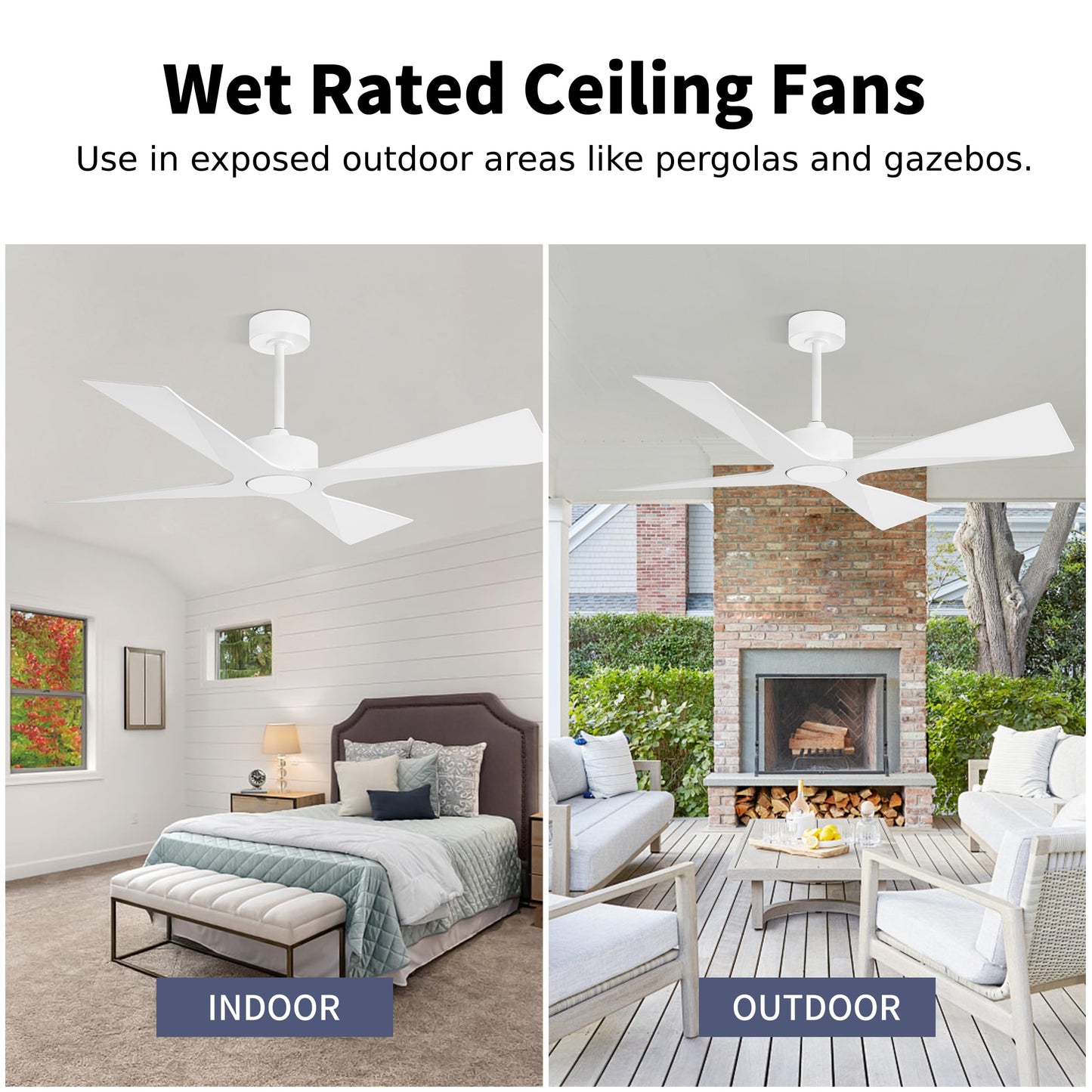 WINGBO 64" Wet Rated Outdoor Ceiling Fan without Lights, 4 ABS Plastic Blades, Reversible DC Motor, 6-Speed Remote Control, Waterproof Ceiling Fan No Lights for Patio Porch Gazebo Garage, White