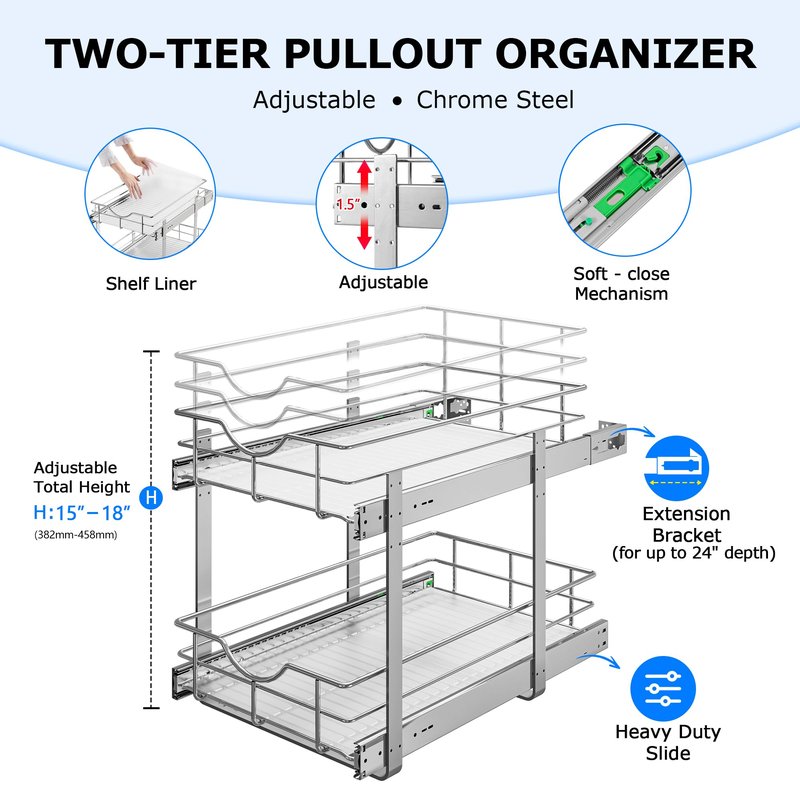 WelFurGeer 2-Tier Kitchen Cabinet Pullout Shelf and Drawer Organizer, Soft Close Pantry Pull Out Shelves, Heavy Duty Pull Out Cabinet Organizer with Shelf Liner for Kitchen Cabinets, Pantry Storage