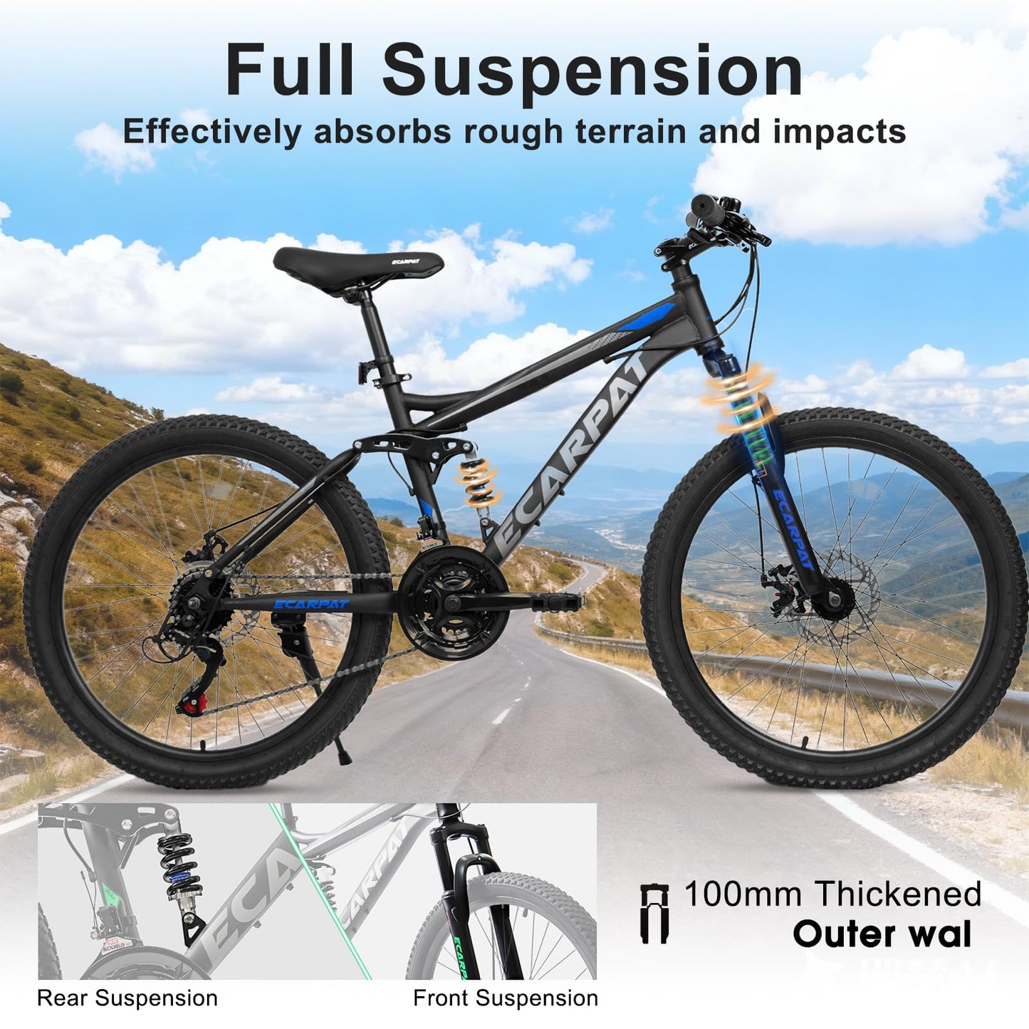 richvelo Mountain Bike with Full Suspension, 21 Speed Shifter Lever with Gear Indicator, High Carbon Steel Frame, Mechanical Disc Brakes, Use for Men/Women/Adults, Ideal for Trails. (Black, 26 INCH)