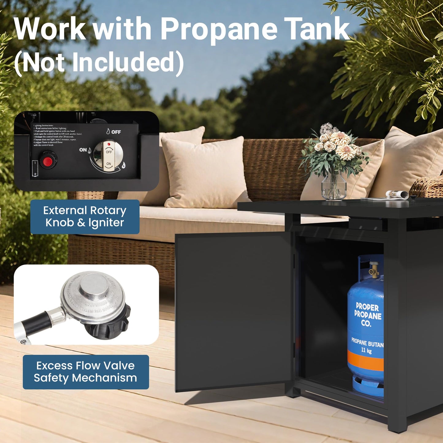 FansaFurn 43” Outdoor Propane Fire Table Set with Heavy-Duty Glass Stones, Glass Wind Guard, Lid & Water-Resistant Cover, 50,000 BTU Metal Fire Pit Table, Rectangle Fire Pit Table for Deck, Patio