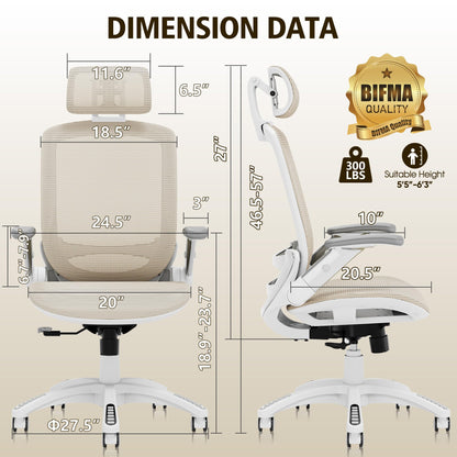 GABRYLLY Ergonomic Office Chair, High Back Home Desk Chair with Headrest, Flip-Up Arms, 90-120° Tilt Lock and Wide Cushion, 300LBS Mesh Chairs for Man Woman, White Task Chair(Beige,GY01WBG)