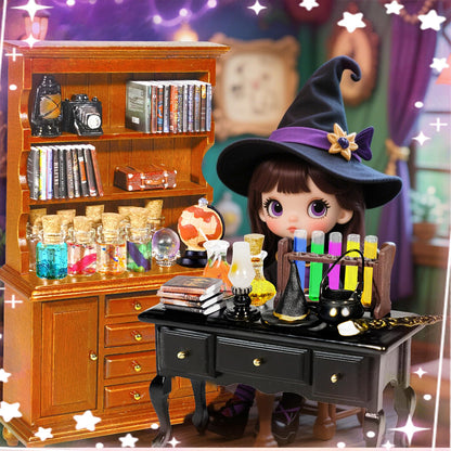 Rileryan 54 Pcs 1:12 Scale Magic Witchy House Kit Halloween Miniatures Furnitures Accessories Mini Wooden Bookshelf Bookcase 30 Mini Books Desk Chair Halloween Decoration Gift