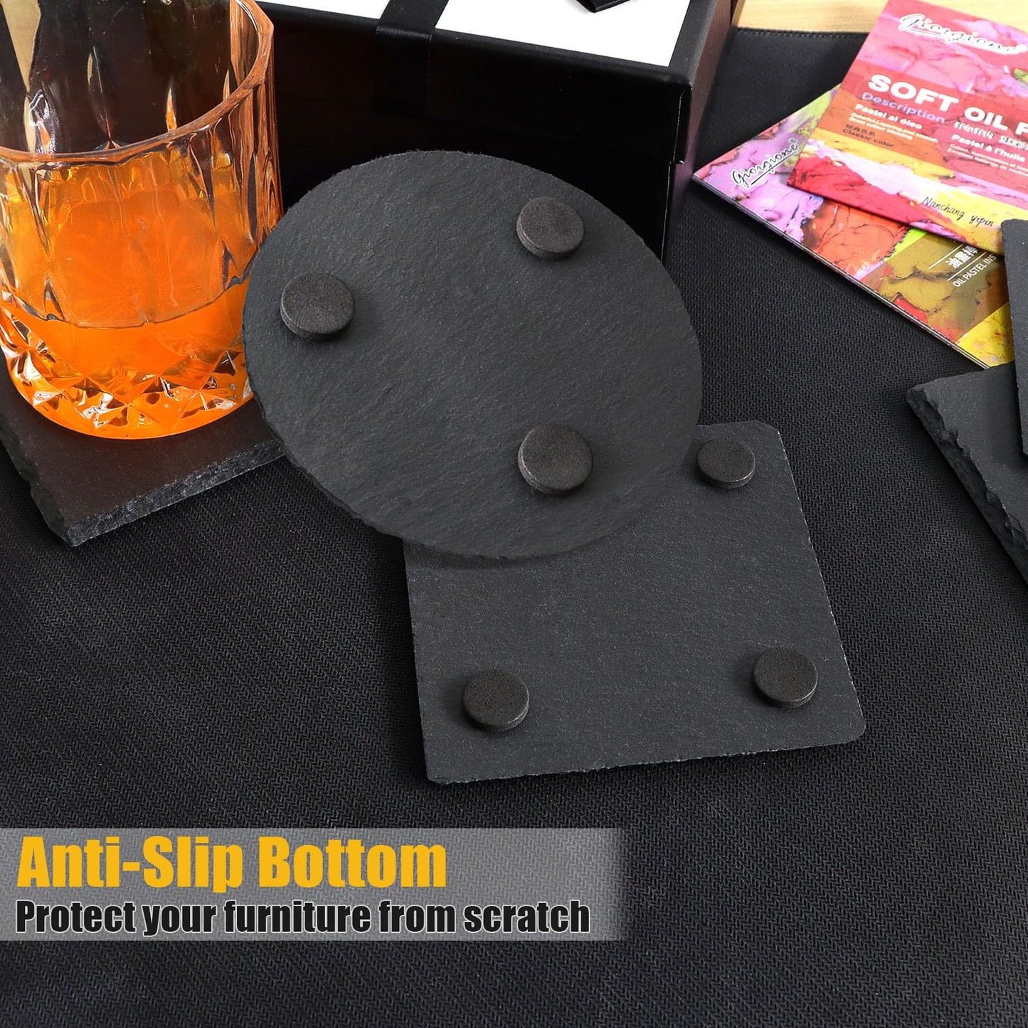 72 Pack Slate Drink Coasters, VIBRATITE 4 Inch Square and Round Black Slate Stone Coaster Bulk Laser Engraving Blank Handmade Decor Coasters for Coffee Bar Kitchen Home (36 Sqaure, 36 Round)