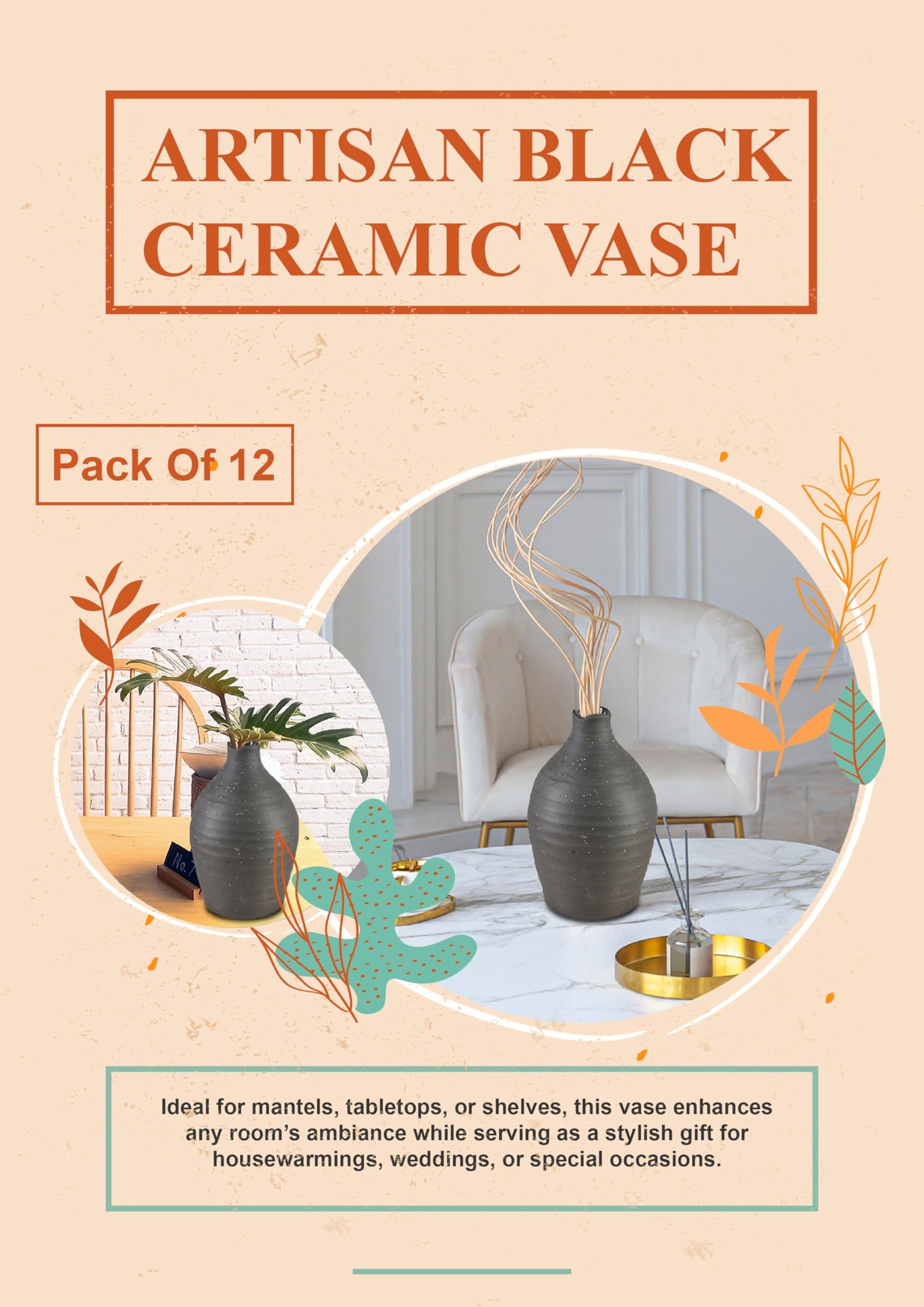 Serene Spaces Living Artisan Black Ceramic Vase – Aged Black Decorative Accent for Modern & Rustic Décor, Elegant Centerpiece for Shelves, Mantels, & Tabletops, 6" Diameter & 8.5" Tall, Pack of 12