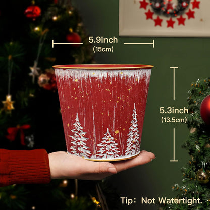 5.9in 4Pcs Putuo Decor Christmas Planters Pots, Small Metal Tin Buckets with Christmas Tree Pattern, Round Galvanized