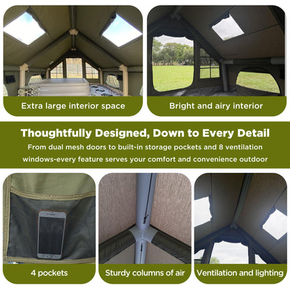 Large Luxury Inflatable Camping Tent, Technology Cotton Canvas Tent for 4-6-8-10-12 People | Breathable and Waterproof Tent with Skylight and Stove Jack, Suitable for Family Camping of 12 ㎡