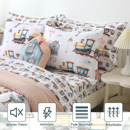 Sets 8 Set Country Set, Mooreeke Kids Full Comforter for Boys Pieces Train Bedding for Teens Microfiber Train Town Kids
