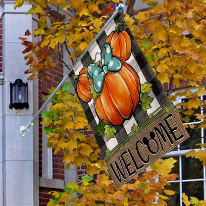 Welcome Fall Pumpkin Decorative House Flag, Autumn Thanksgiving Buffalo Plaid Check Garden Yard Decor