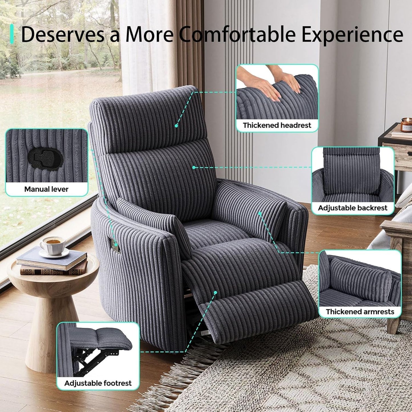 LINSY 360 Swivel Recliner Chair, Nursery Glider Rocking Chair with 2 Pillows, Corduroy Nursing Chair Comfy High Back Adult Rocker Recliner for Small Spaces, Nursery Bedroom Living Room (Gray)