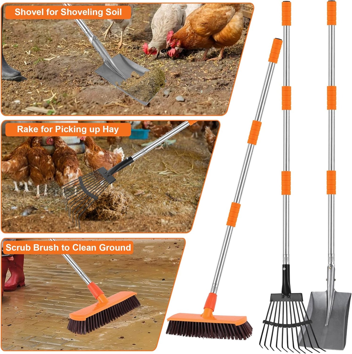 ROSTIUTE Chicken Poop Scooper Shovel Rake Scrub Brush for Chicken Coop Supplies Accessories for Cleaning