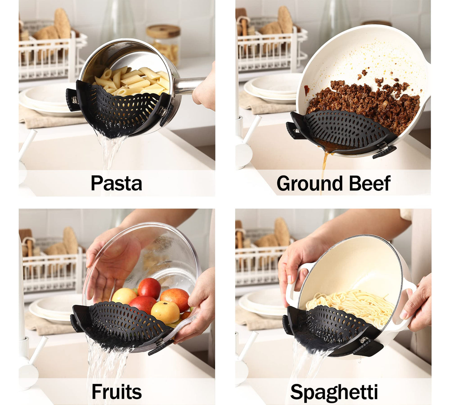 Adjustable Over the Sink Colander Strainer, Silicone Clip On Strainer for Pots Strainers and Plastic Colanders Drainer Basket for Food Pasta Vegetables Kitchen, Extendable 14.5"-19.5", Green