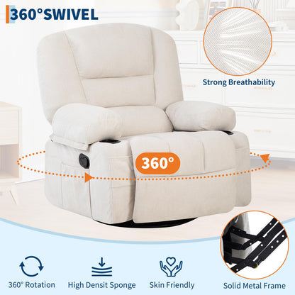 GarveeHome Oversized Wide Recliner Chair-Heat and Vibration Massage, 360° Swivel Rocker Chair for Adults,Chenille Fabric Manual Recliner with Cup Holders & Side Pocket for Living Room, Bedroom,White