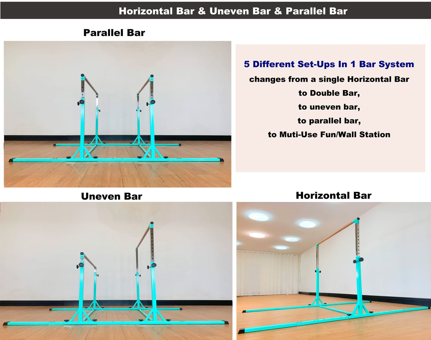 MARFULA Gymnastics Double Horizontal Bars 3Play Parallel Bars Uneven Bars Gymnastics Training Kip Bar with 304 Stainless Steel Regulating Arms & Fiberglass Rail for Indoor Outdoor Home Club Use
