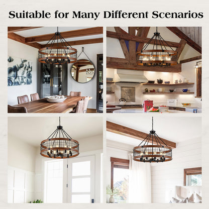 Faibra 10-Light Farmhouse Drum Wood Pendant Light,32'' Vintage Rustic Brown Oak Wood Chandeliers,Retro Industrial Hanging Light Fixtures for Dining Room Entryway, Bedroom