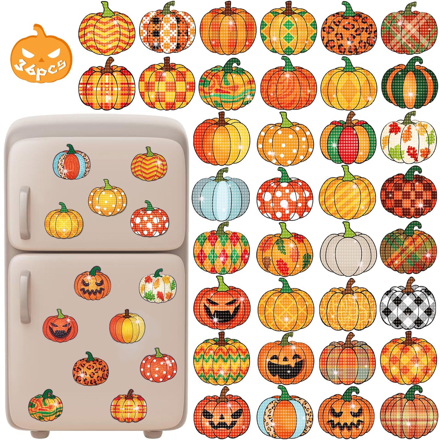36PCS Halloween Crafts for Adults DIY Diamond Art: DIY Refrigerator Magnets Stickers Kit, Magnetic Fridge Decor (Pumpkin)