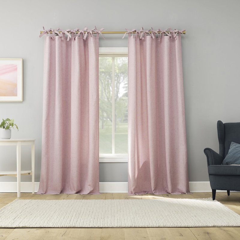 Sun Zero Roxy Generation Slub Texture Tacked Bow Semi-Sheer Tie Top Curtain Panel, 50" x 84", Pink