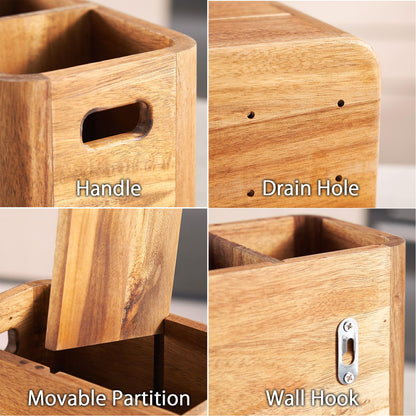 SANOSY 16" Wooden Kitchen Utensil Holder, Extra Large Acacia Wood Organizer for Cooking Tools, Utensils & Cutlery Storage – 4-Compartment Countertop Holder