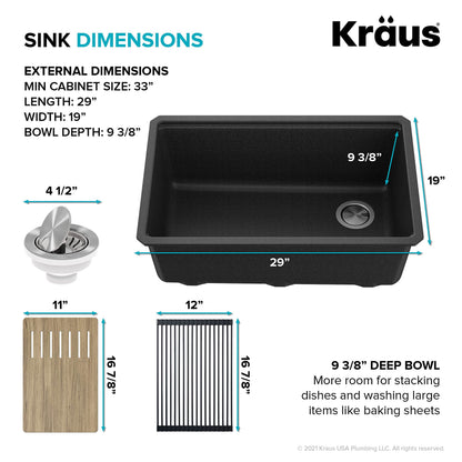 KRAUS Bellucci 30” in. Undermount Workstation Granite Kitchen Sink in Metallic Black with Accessories, KGUW2-30MBL