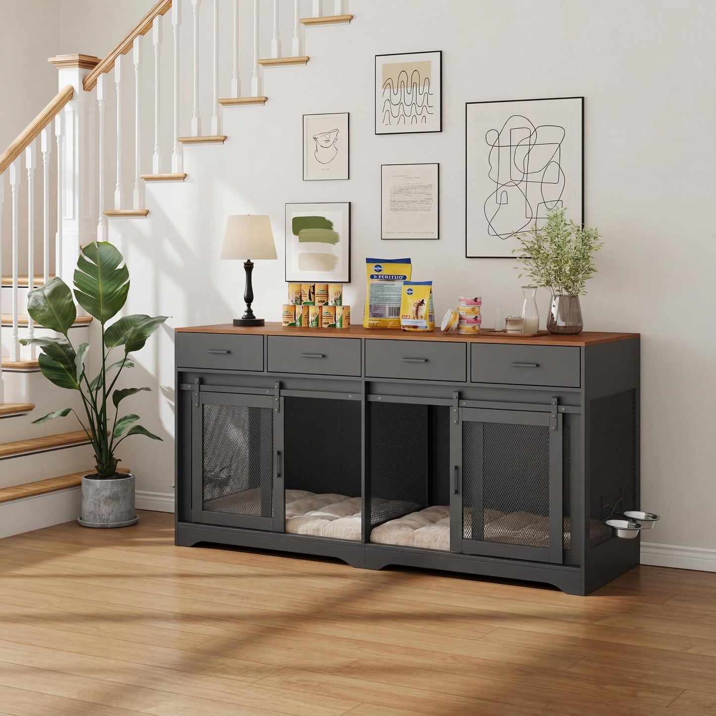 Garvee Double Dog Crate Furniture, 71'' Large Dog Crate Furniture for 2 Dogs with 4 Sliding Doors and 4 Drawers, Dog Kennel Furniture for Large Dogs Indoor with Feeding Bowls, Black