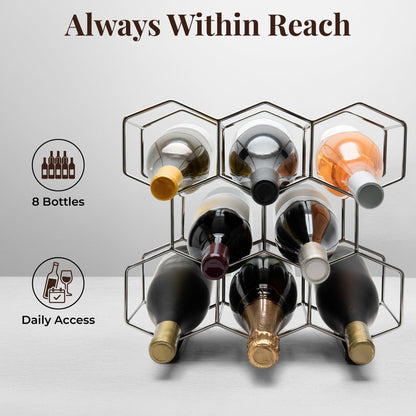 CASA VELUTI Countertop Wine Rack - 8-Bottle - Stainless Steel & Charcoal Oak - 3 Tier Tabletop Wine Holder Stand for Cabinet, Pantry - Freestanding - No Assembly Required