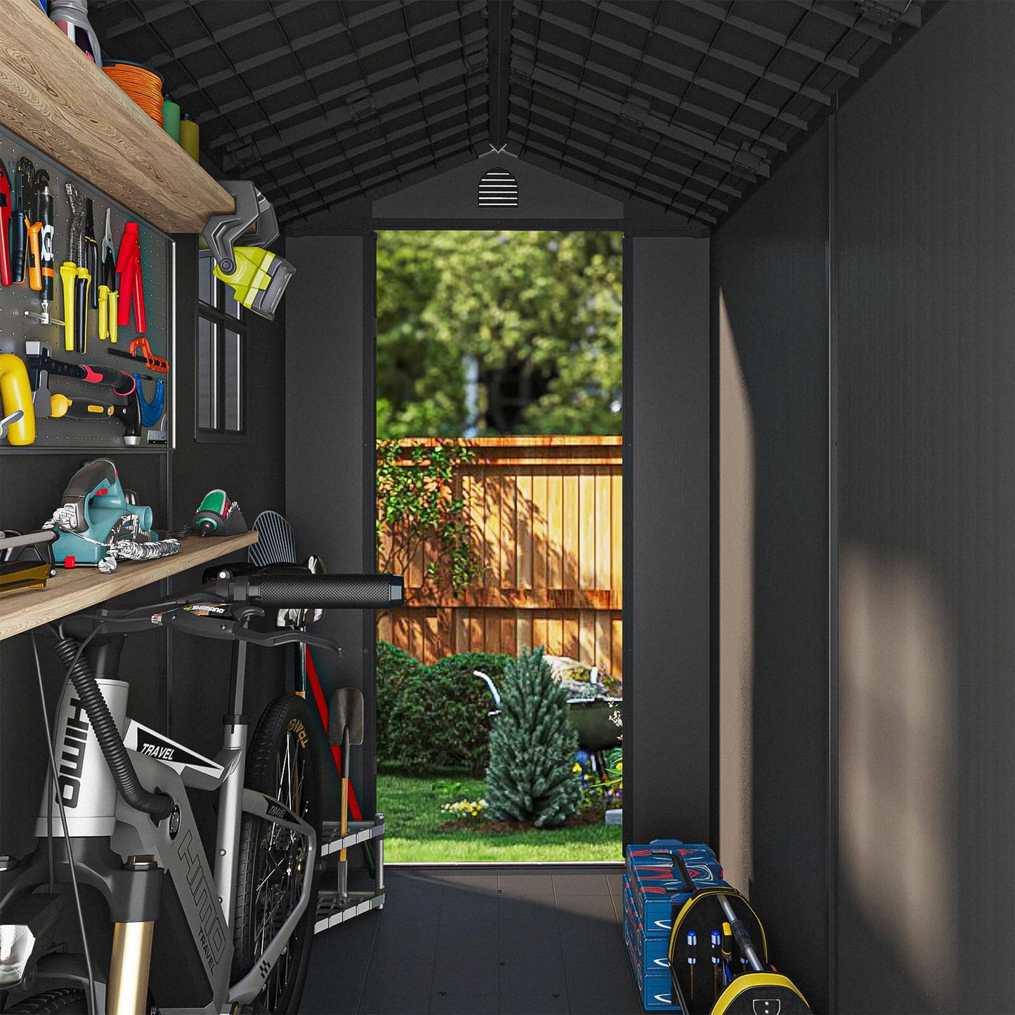 Patiowell 4x8 FT Plastic Outdoor Storage Shed with Floor, Garden Tool Shed with Two Windows and Single Lockable Door for Garden, Backyard, Lawn, Easy to Install, Dark Grey