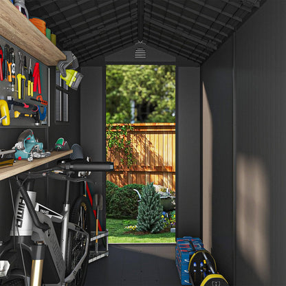 Patiowell 4x8 FT Plastic Outdoor Storage Shed with Floor, Garden Tool Shed with Two Windows and Single Lockable Door for Garden, Backyard, Lawn, Easy to Install, Dark Grey