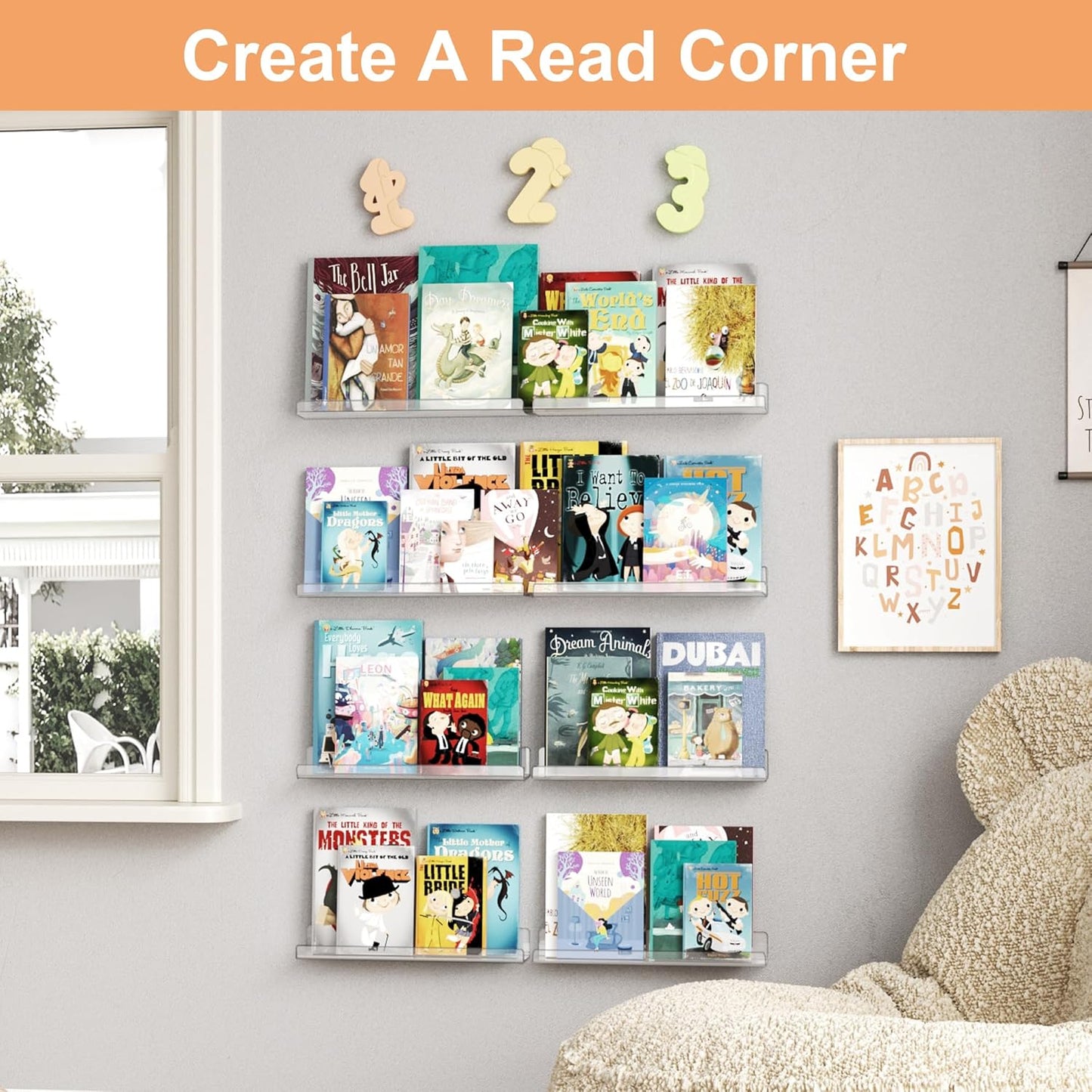 Upsimples 12 Pack Acrylic Shelves - Clear Wall Organizer for Figures, Toys, Perfume | 15" Display Shelf for Bedroom & Nursery