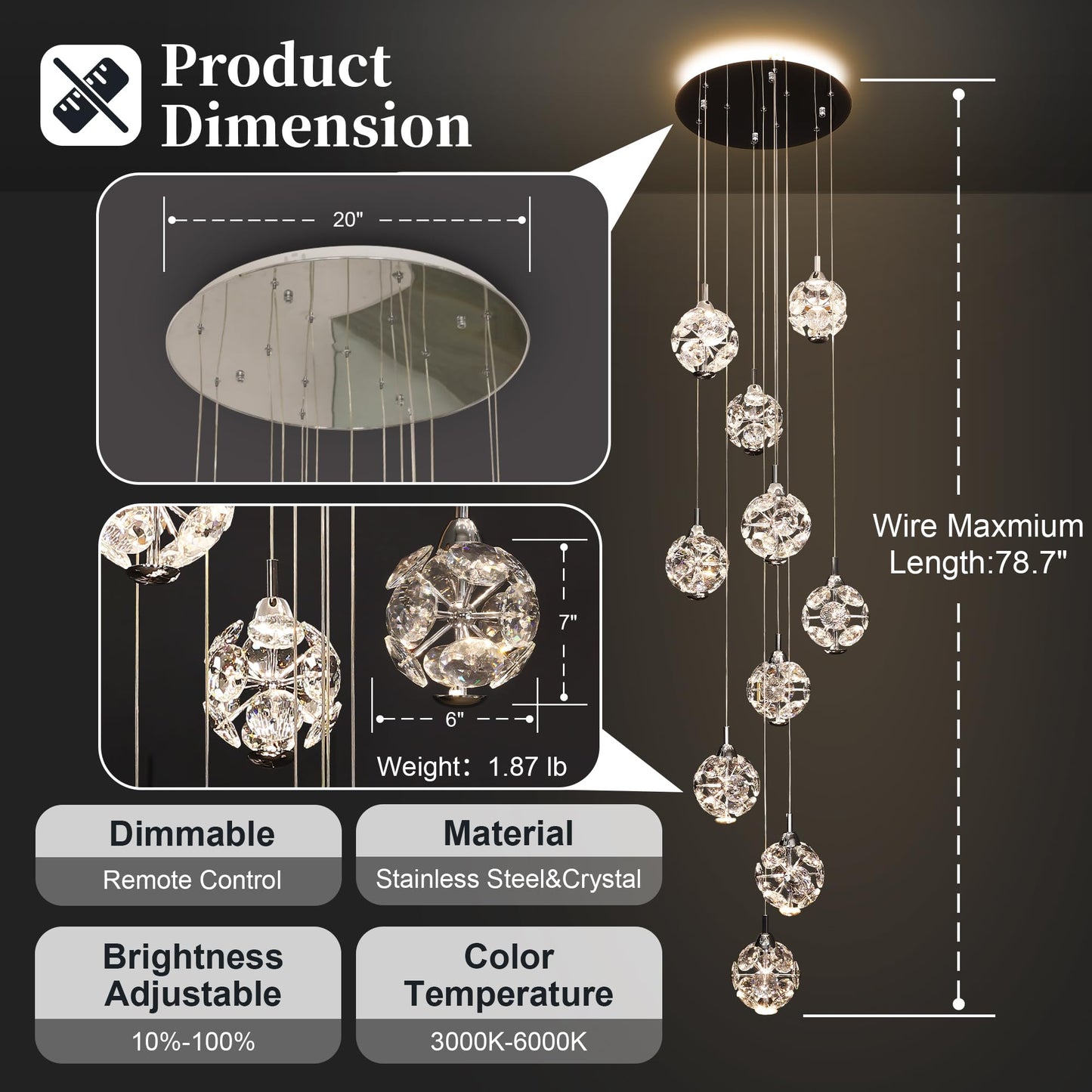 KAUCQI 10-Light High Ceilings Long Chandeliers Modern Crystal Staircase Chandelier Hanging Flush Mount Lighting Fixtures for Spiral Staircase,Foyer,Entryway