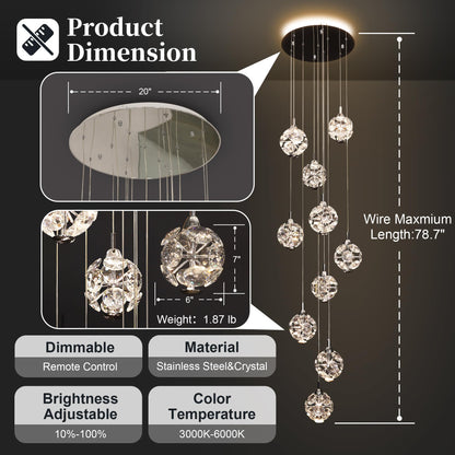 KAUCQI 10-Light High Ceilings Long Chandeliers Modern Crystal Staircase Chandelier Hanging Flush Mount Lighting Fixtures for Spiral Staircase,Foyer,Entryway