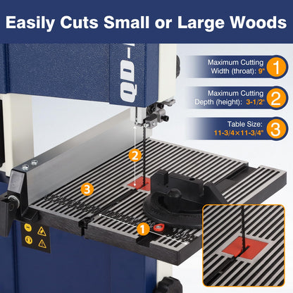 QD-KYOHO Band Saw, Portable 9-Inch Bandsaw for Woodworking, 2526 FPM Benchtop, 1/3 HP(output), 120 V 2.5-Amp Motor, Band Saws with Cast-Aluminum Worktable with Scale, Steel Bandsaws with Miter Gaug