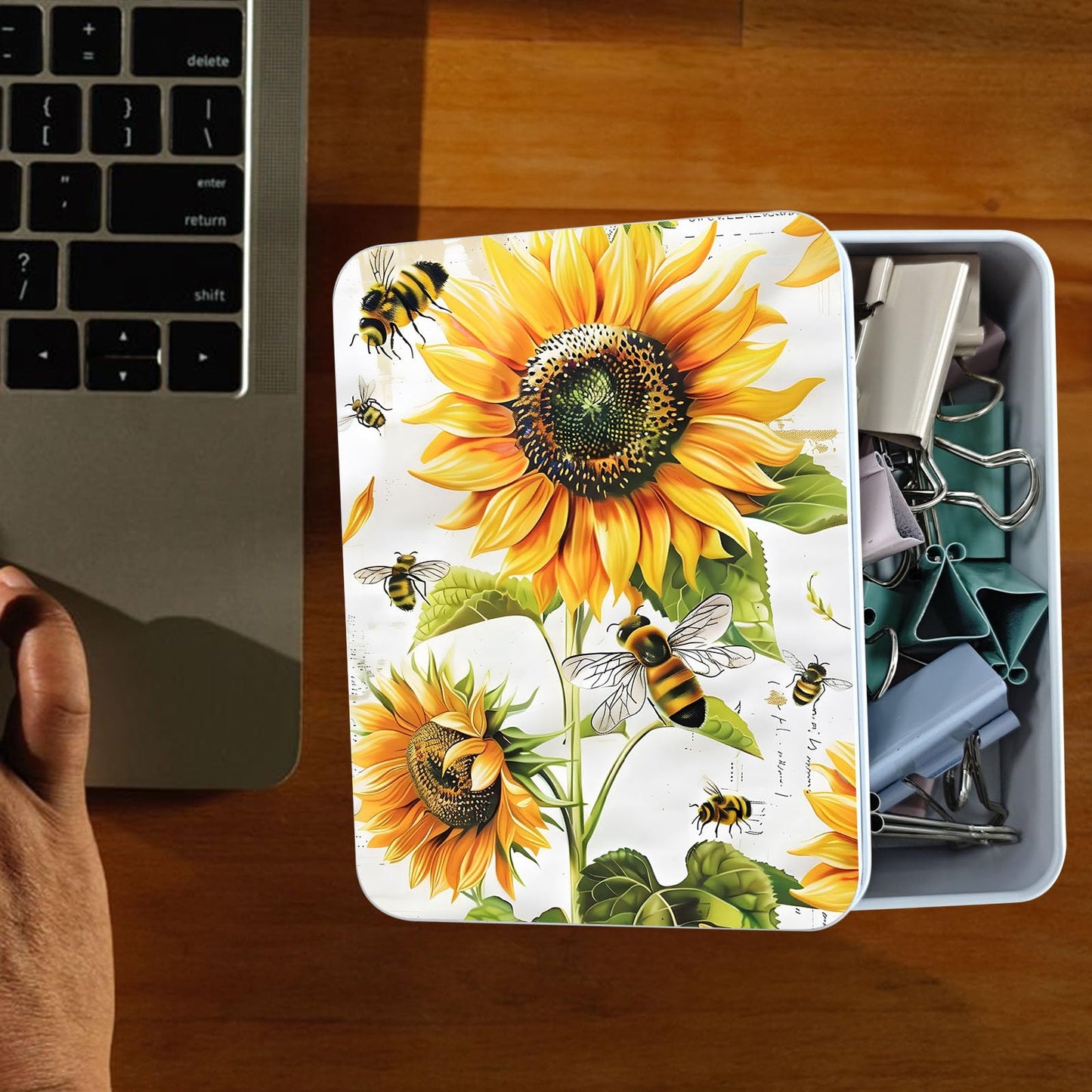 ETLKJVBL Metal Tin Box Sturdy Metal Storage Box with Lid, Large Container Holder for TCG Cards,Car Keys,Cookies,Tin Containers for Gift,5.0x3.7x1.6 Inch,Exquisite Pattern Design(Bee Sunflowers)
