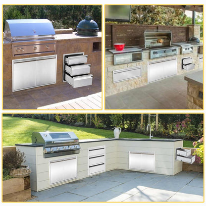 Outdoor Kitchen Drawers 14" W x 21" H x 23" D Triple BBQ Drawers Stainless Steel Built-in Drawer for Patio Grill Station or Outdoor Kitchen Island
