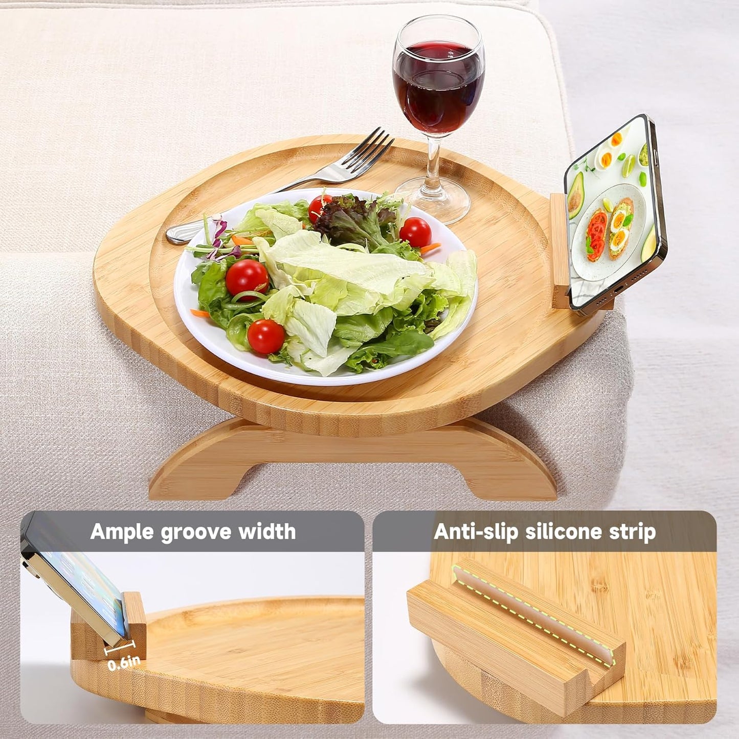 360 Couch Arm Tray Table, Bamboo Clip-on Couch Arm Tray with Phone Holder, Foldable Sofa Armrest Table for Eating