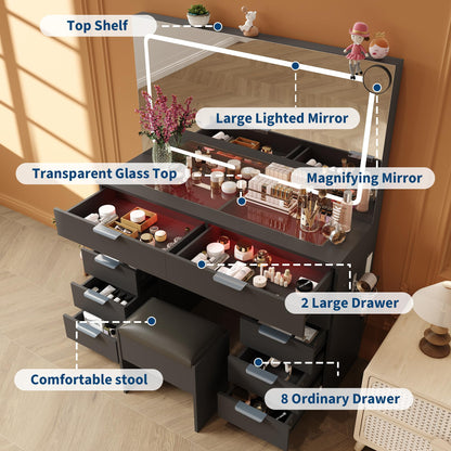 Vanity Desk with Large Mirror and Lights, Makeup Vanity Desk Set with Power Outlet, Stool, 10 Drawers Storage, Magnifying Glass, Hairdryer Holder, 3 Lighting Color Adjustable for Bedroom (Black)