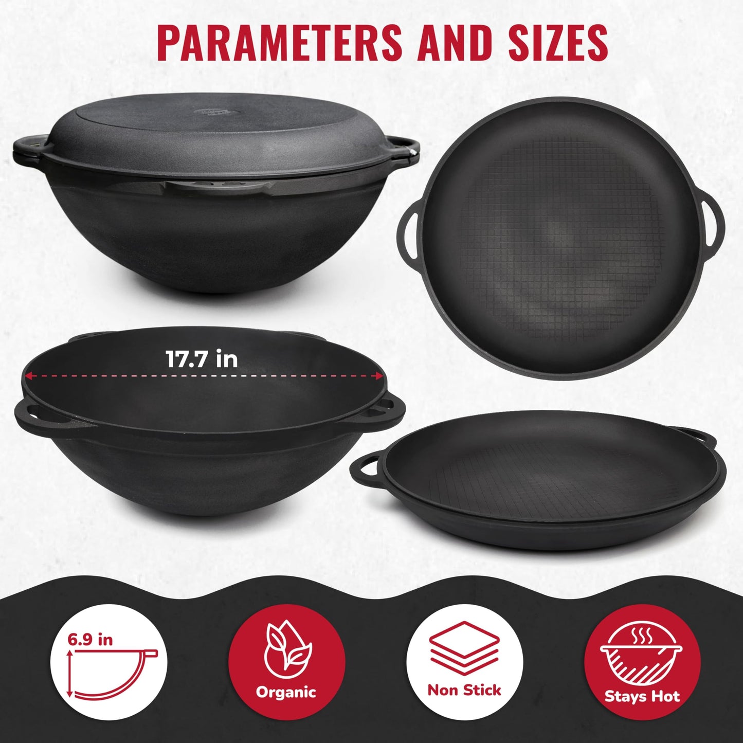 Dutch Oven Pot with Lid Syton (18 Quarts (17 L) - Camping Dutch Oven - Cast Iron Cookware Set - Uzbek Kazan Cast Iron – Premium Camping Cookware – 2 in 1 Lid as Frying Pan + Cauldron